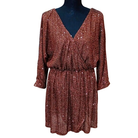 Club L London Dress Mini Orange Brown V-Neck Scoop Back Sequined Formal Sz 8 US - Picture 1 of 9